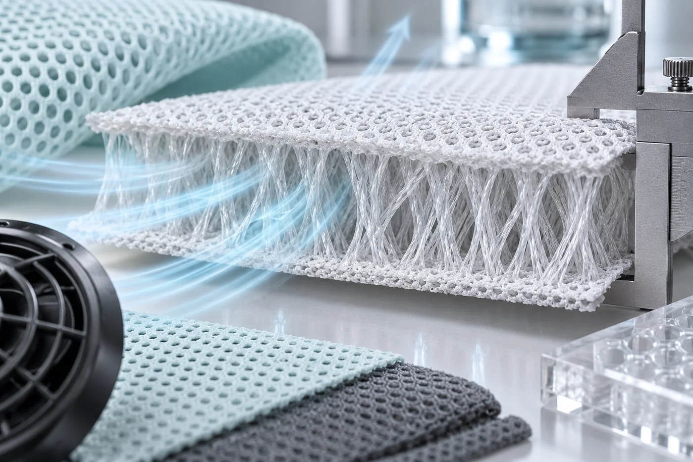 Cross-section of white 3D spacer mesh showing two faces connected by internal filaments