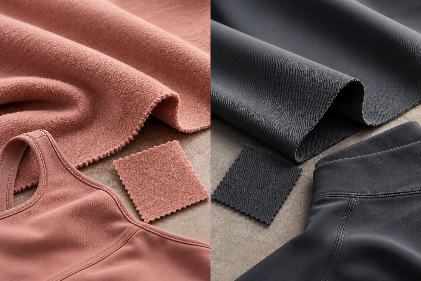 Dusty rose brushed and graphite smooth 75 percent nylon 25 percent spandex yoga fabrics shown side by side