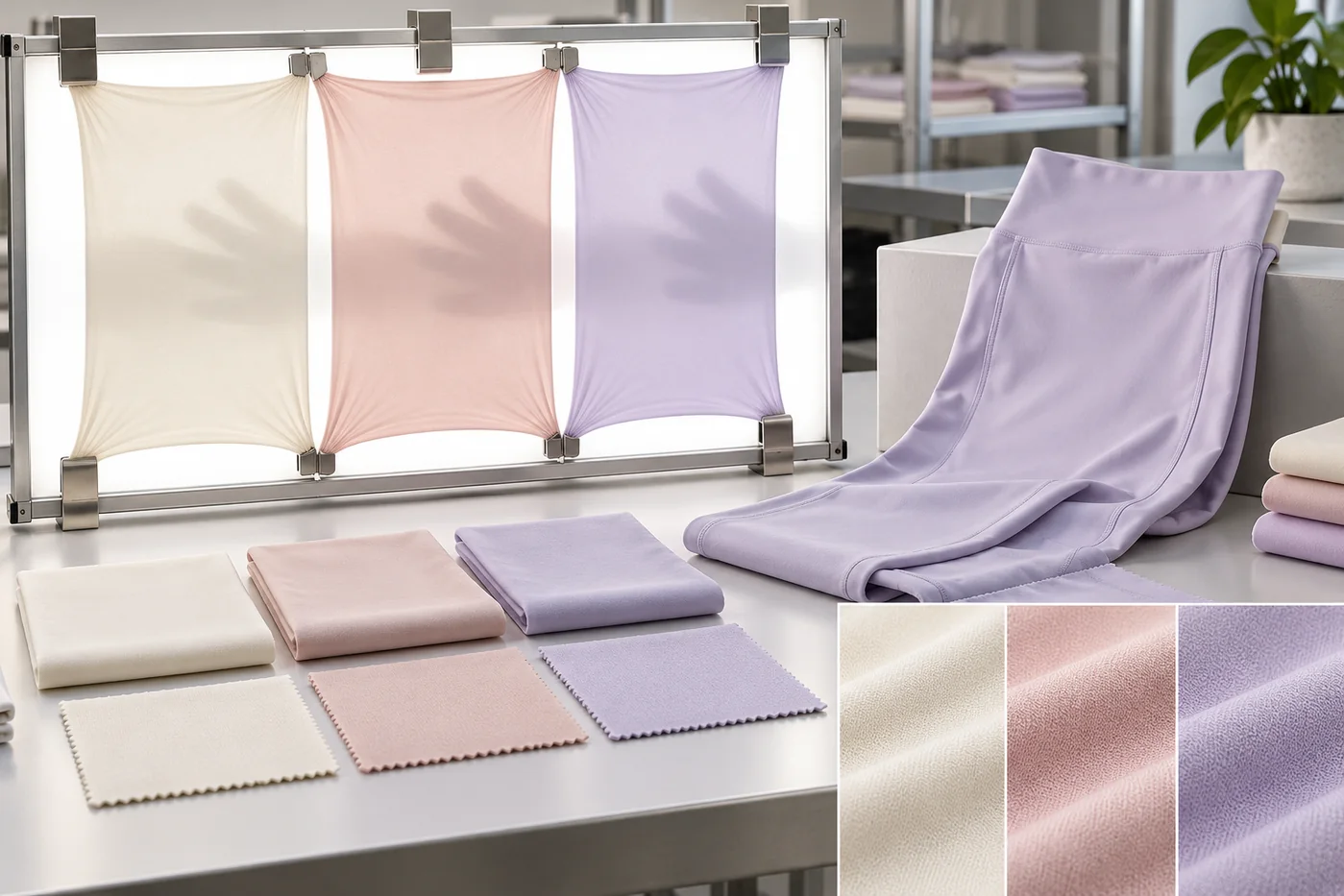 Ivory blush and lavender 75 percent nylon 25 percent spandex fabrics undergoing controlled backlight opacity testing