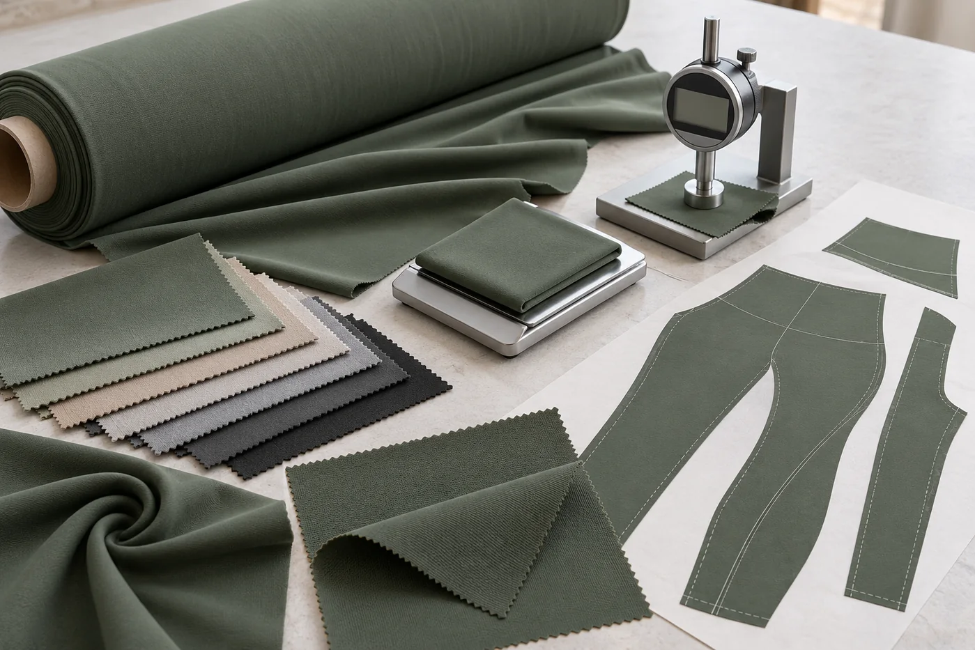 Sage 75 percent nylon 25 percent spandex yoga fabric with swatches, thickness gauge and legging pattern pieces