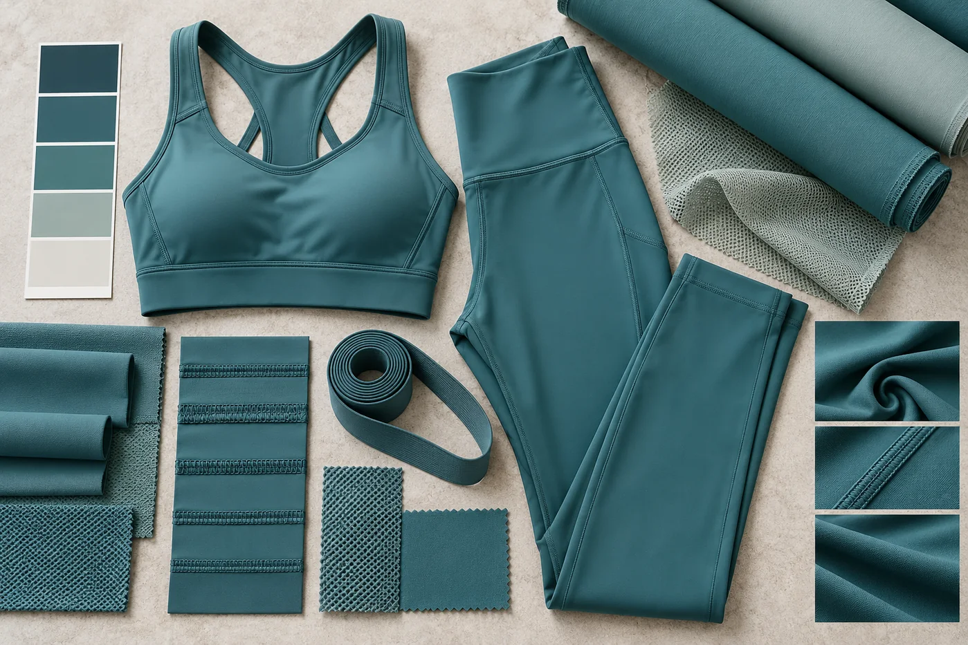 Teal 75 percent nylon 25 percent spandex yoga set with sports bra, leggings, mesh, elastic and seam samples
