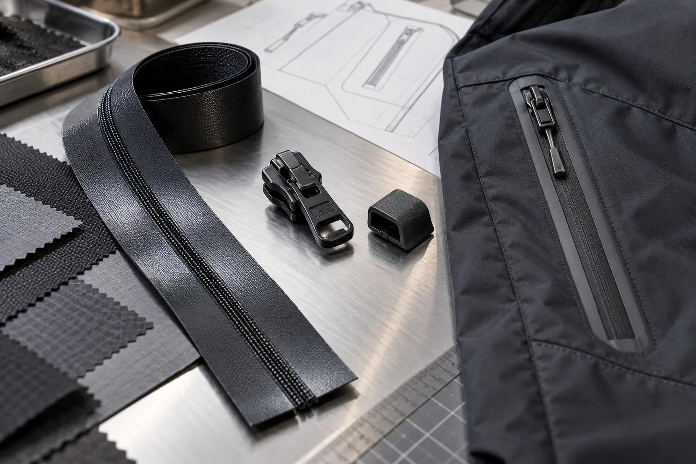 Reverse coil zipper tape, locking slider, zipper garage and a finished activewear jacket pocket