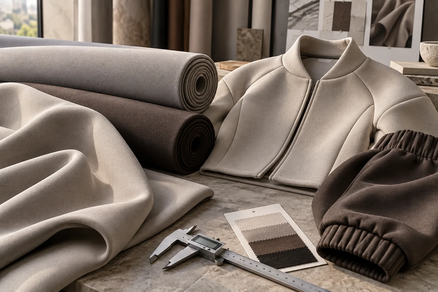 Taupe air-layer double-knit rolls with a structured cropped jacket and jogger components