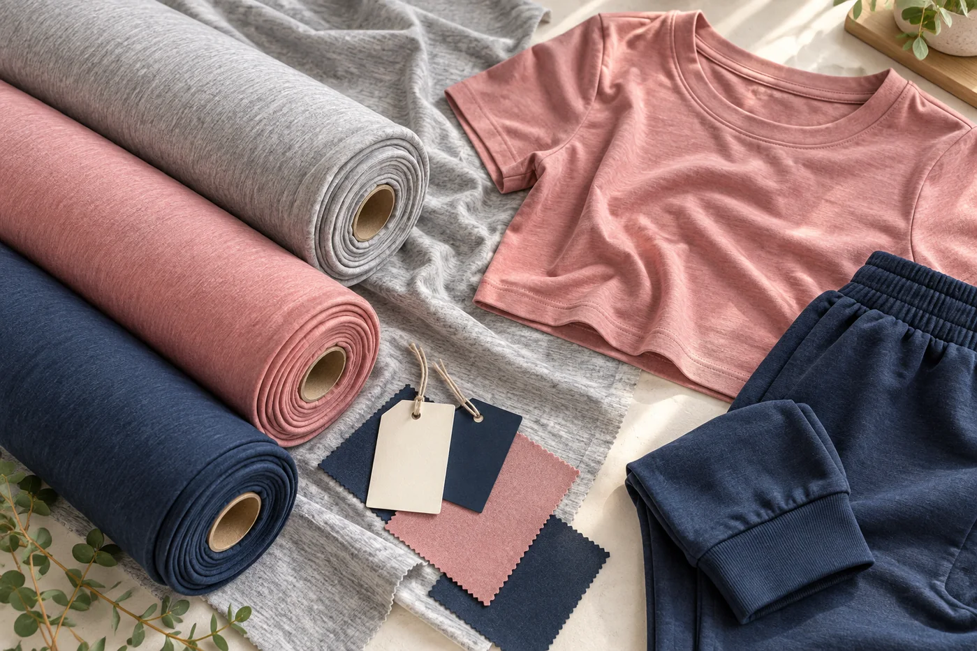 Heather-grey, dusty-rose and navy cotton-spandex fabrics arranged with casual activewear samples