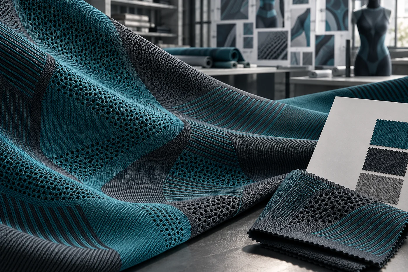 Teal engineered jacquard activewear knit with integrated geometric ventilation zones