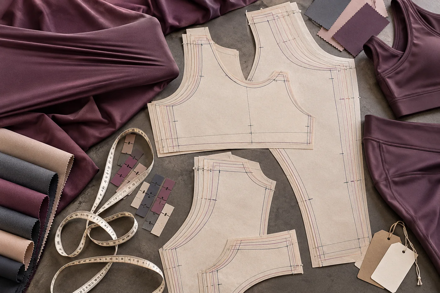 Extended-size sportswear patterns, plum stretch fabric and graded size-set pieces on a development table