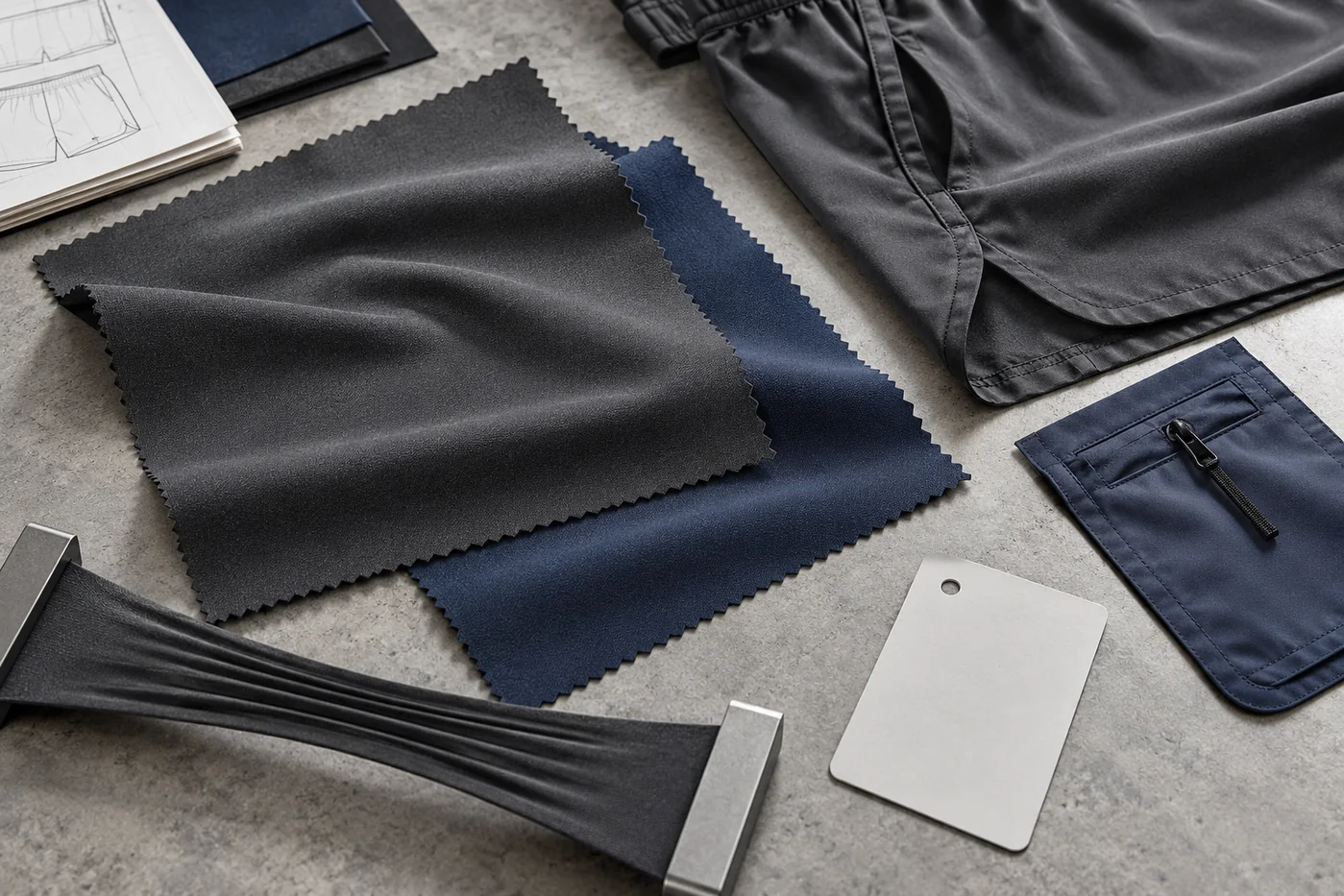 Charcoal and navy four-way stretch woven fabric beside training-short and zipper-pocket components