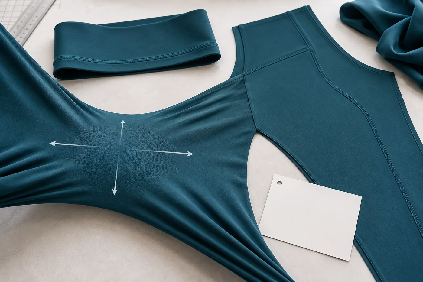 Deep-teal four-way stretch yoga fabric pulled in two directions beside legging pattern panels