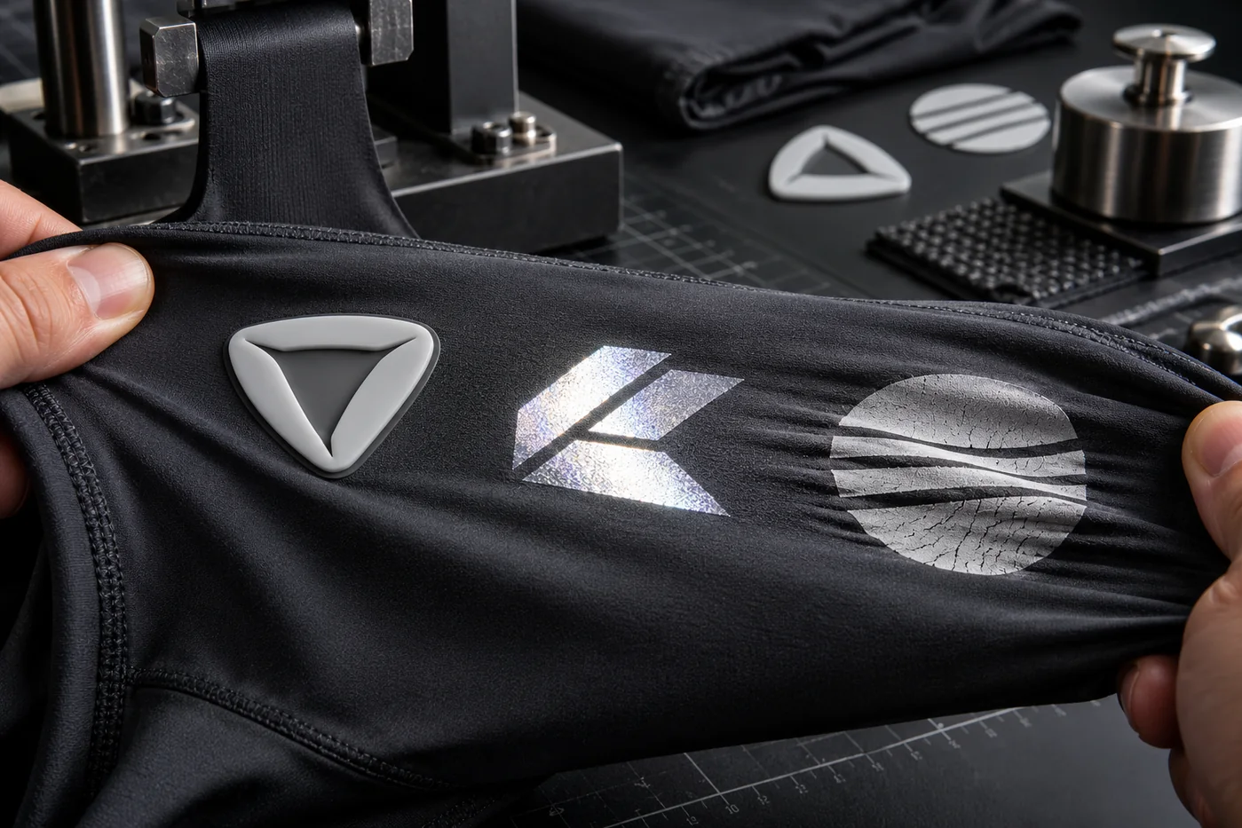 Abstract silicone and reflective heat-transfer logo samples tested on stretched black activewear fabric