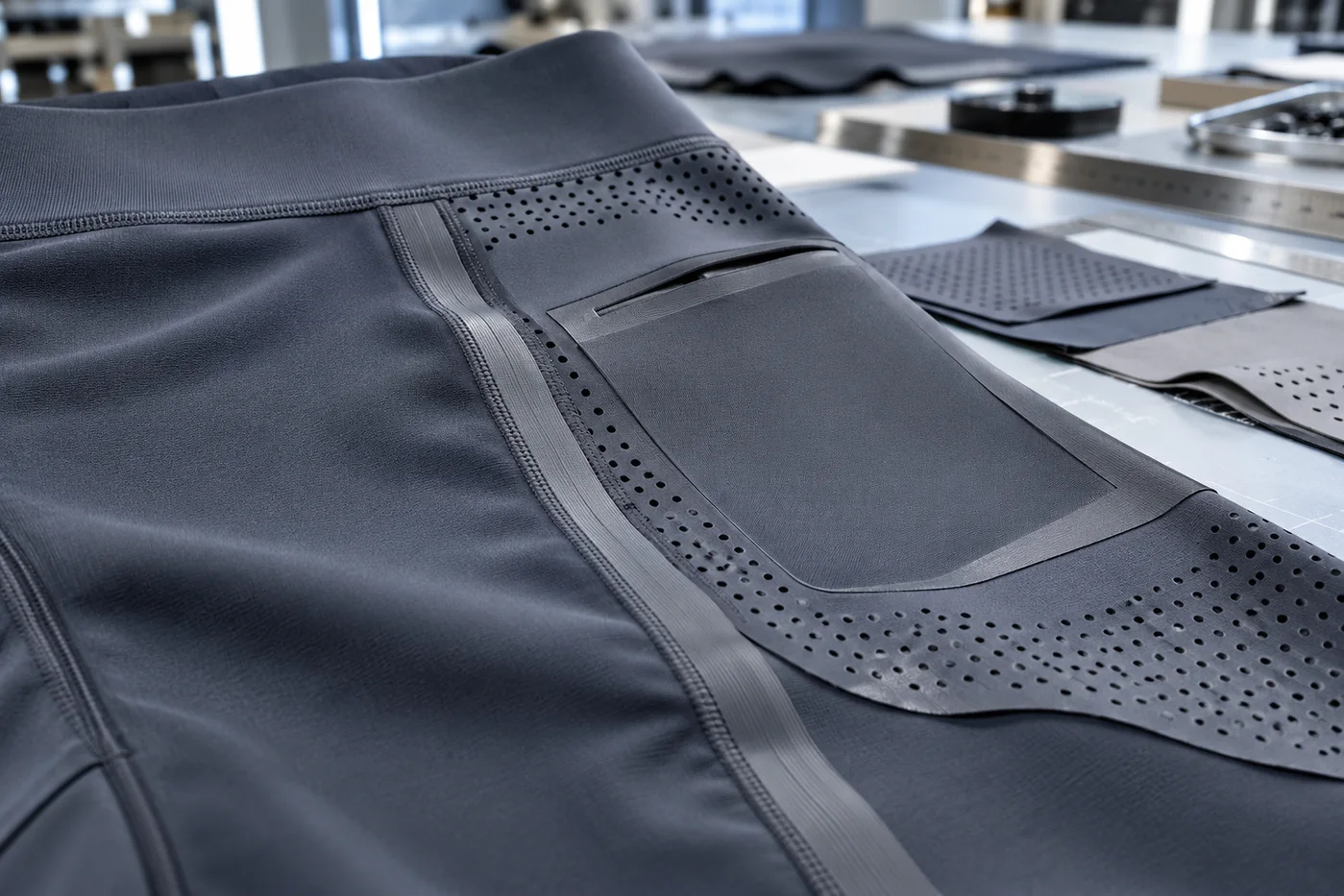 Laser-cut perforated activewear panel with bonded pocket and bonded seam tape