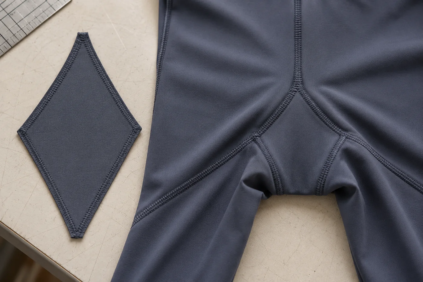 Diamond legging gusset pattern piece beside a sewn flatlock crotch construction