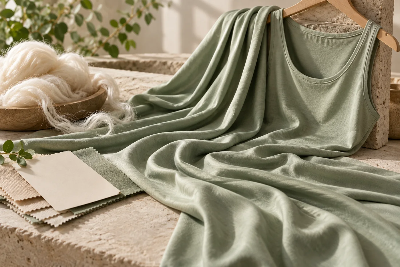 Sage lyocell-blend jersey draped beside a soft studio top and fiber samples