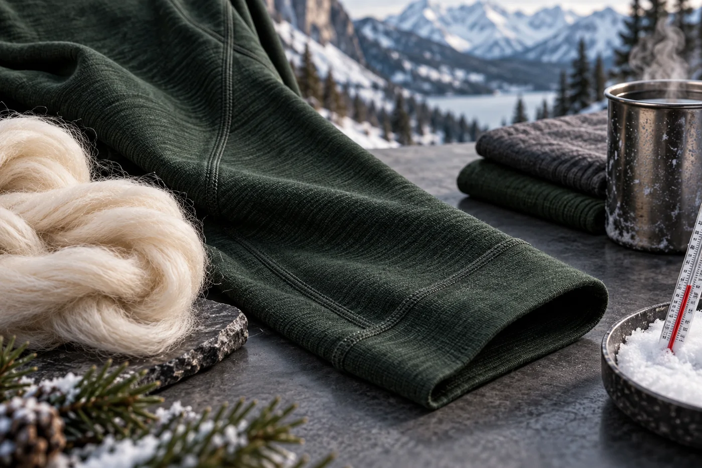 Forest-green merino blend base-layer fabric photographed in a cold-weather setting