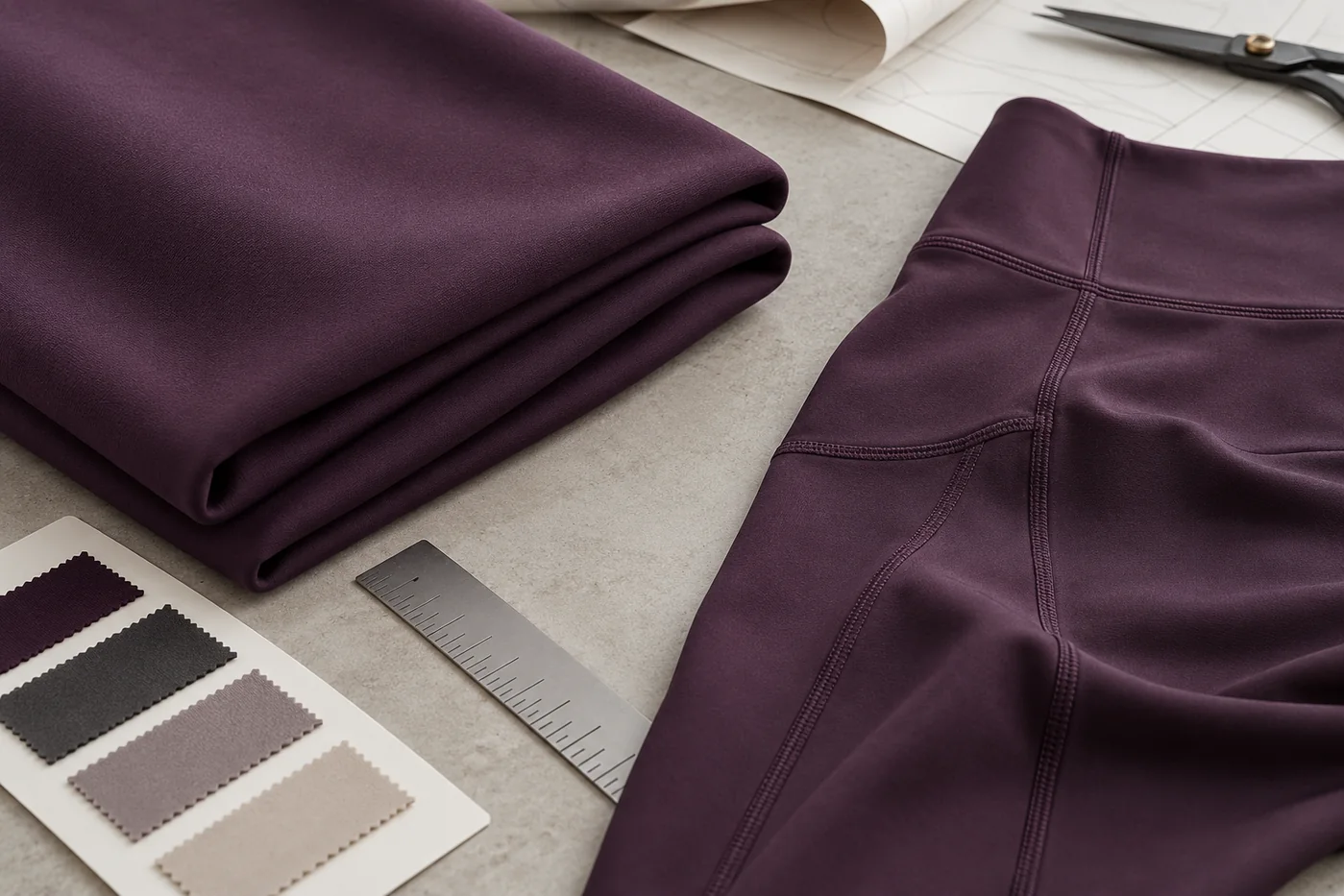 Dense plum nylon-spandex interlock beside a constructed legging panel and fabric swatches