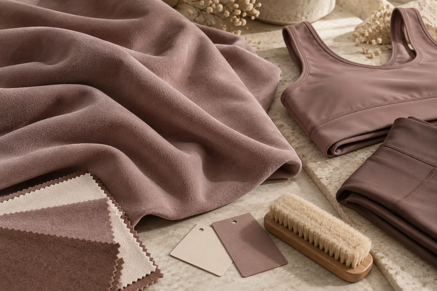 Dusty-mauve peach-skin microfiber with yoga top, legging panels and a brushing sample