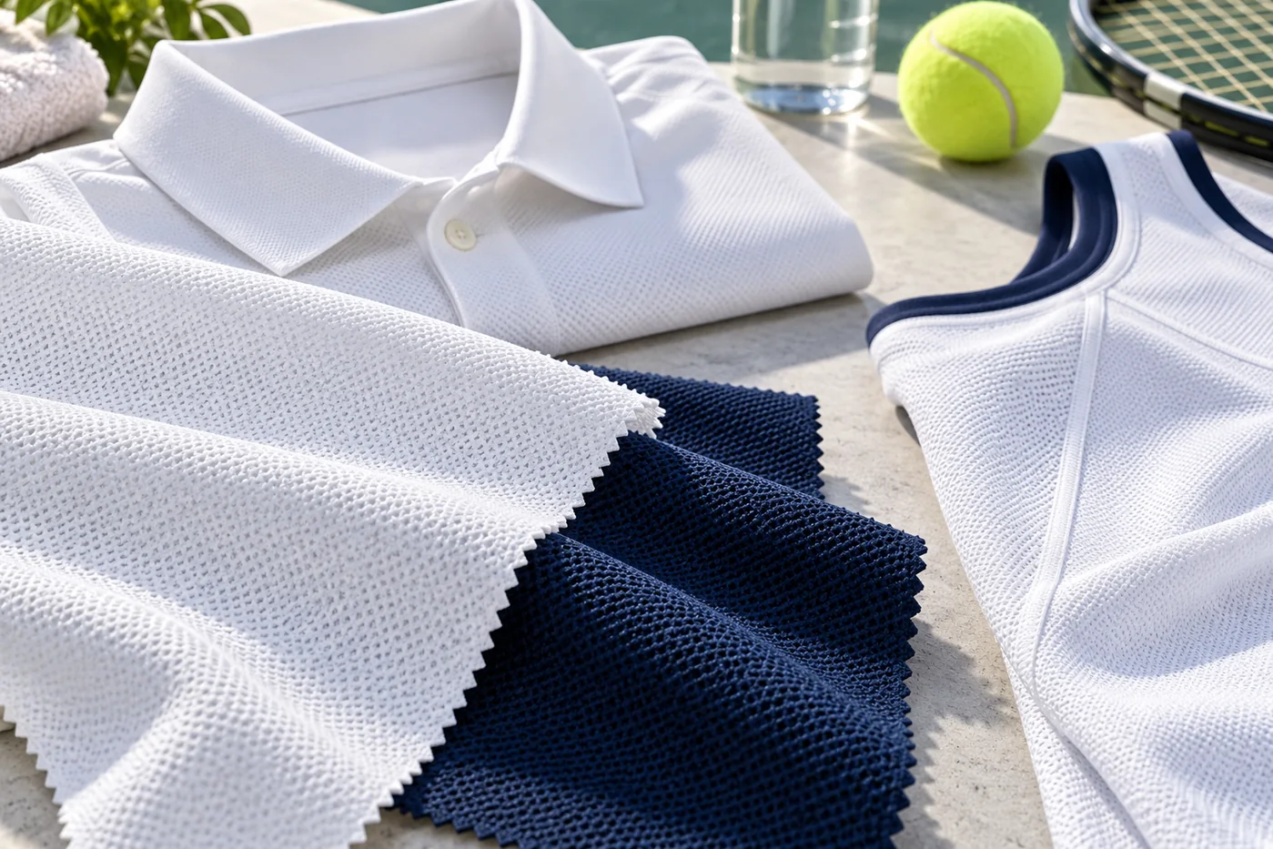 White and navy performance pique fabrics beside a tennis polo and court-top sample