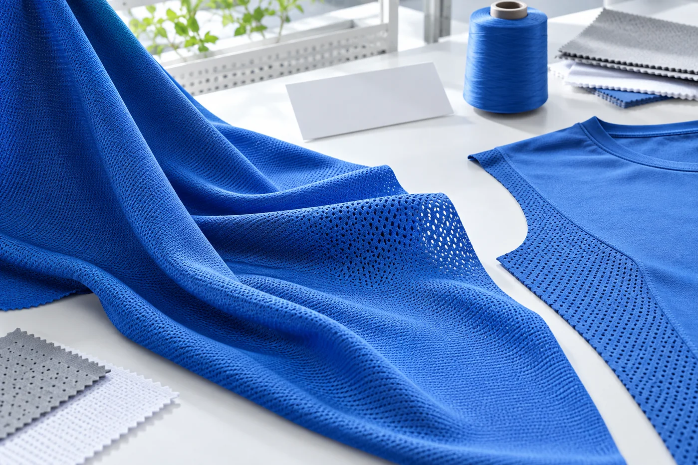 Blue lightweight polyester jersey arranged with a breathable training top panel