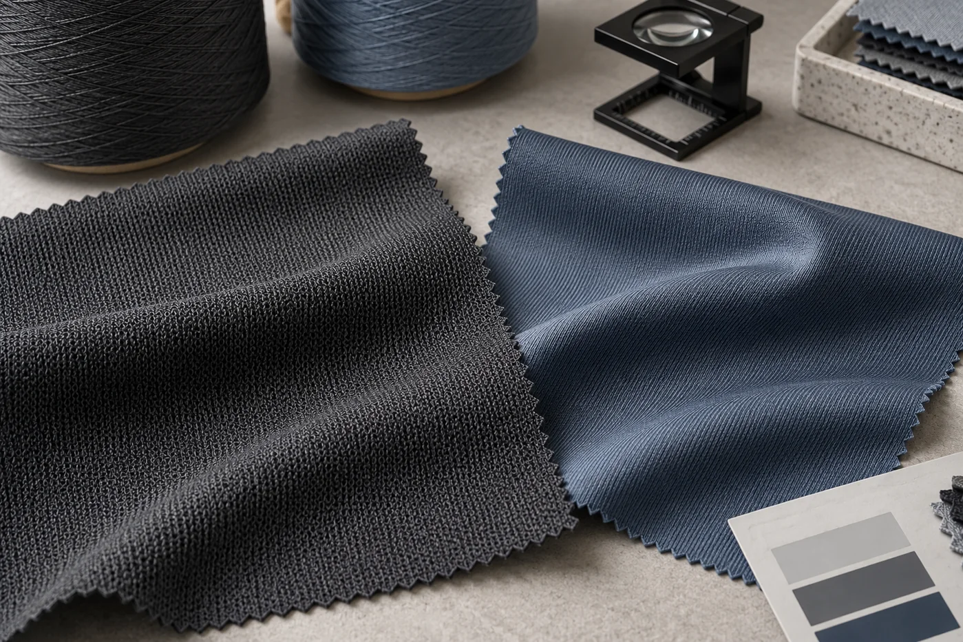 Polyester and nylon performance fabric swatches compared on a textile sourcing table
