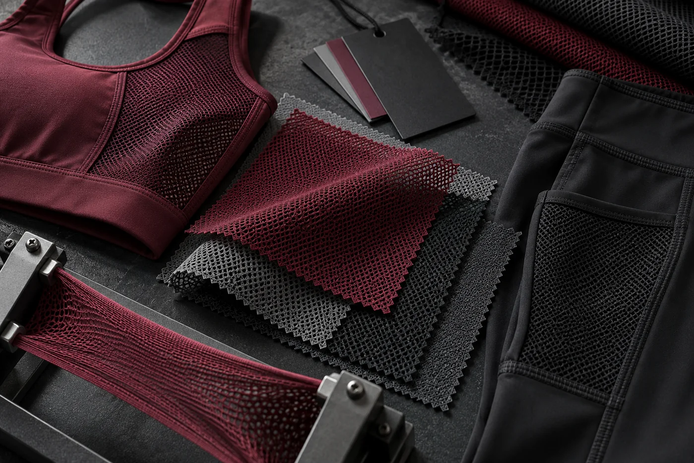 Burgundy and black power mesh tested beside sports bra and legging support panels