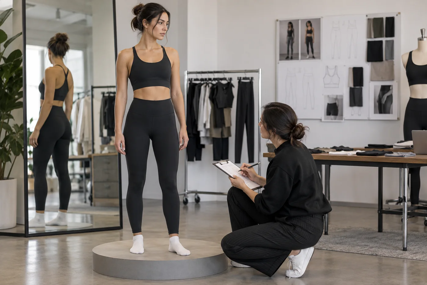 Technical designer evaluating a black activewear prototype on a fit model in a development studio