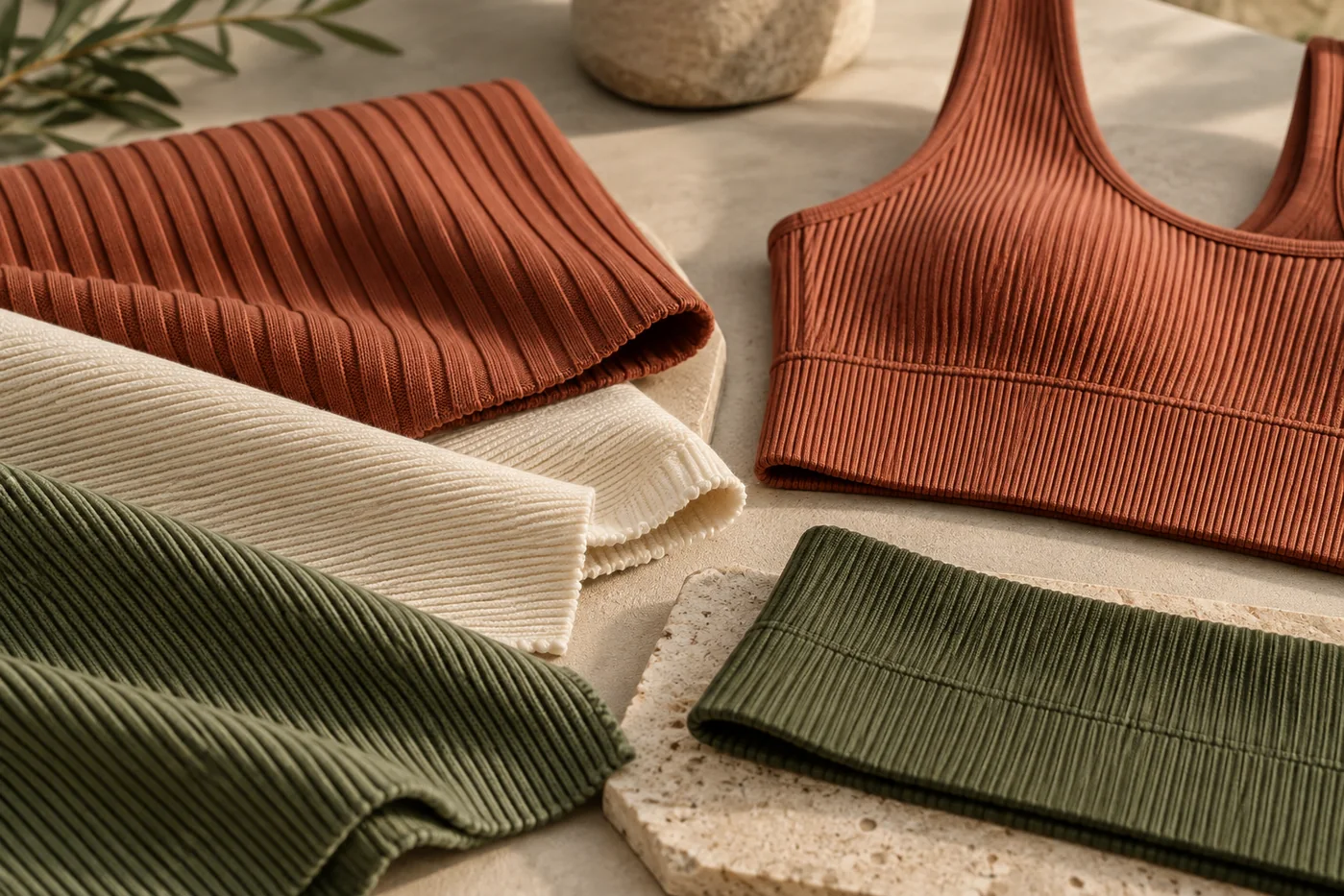 Terracotta, cream and olive rib-knit activewear fabrics with top and waistband components