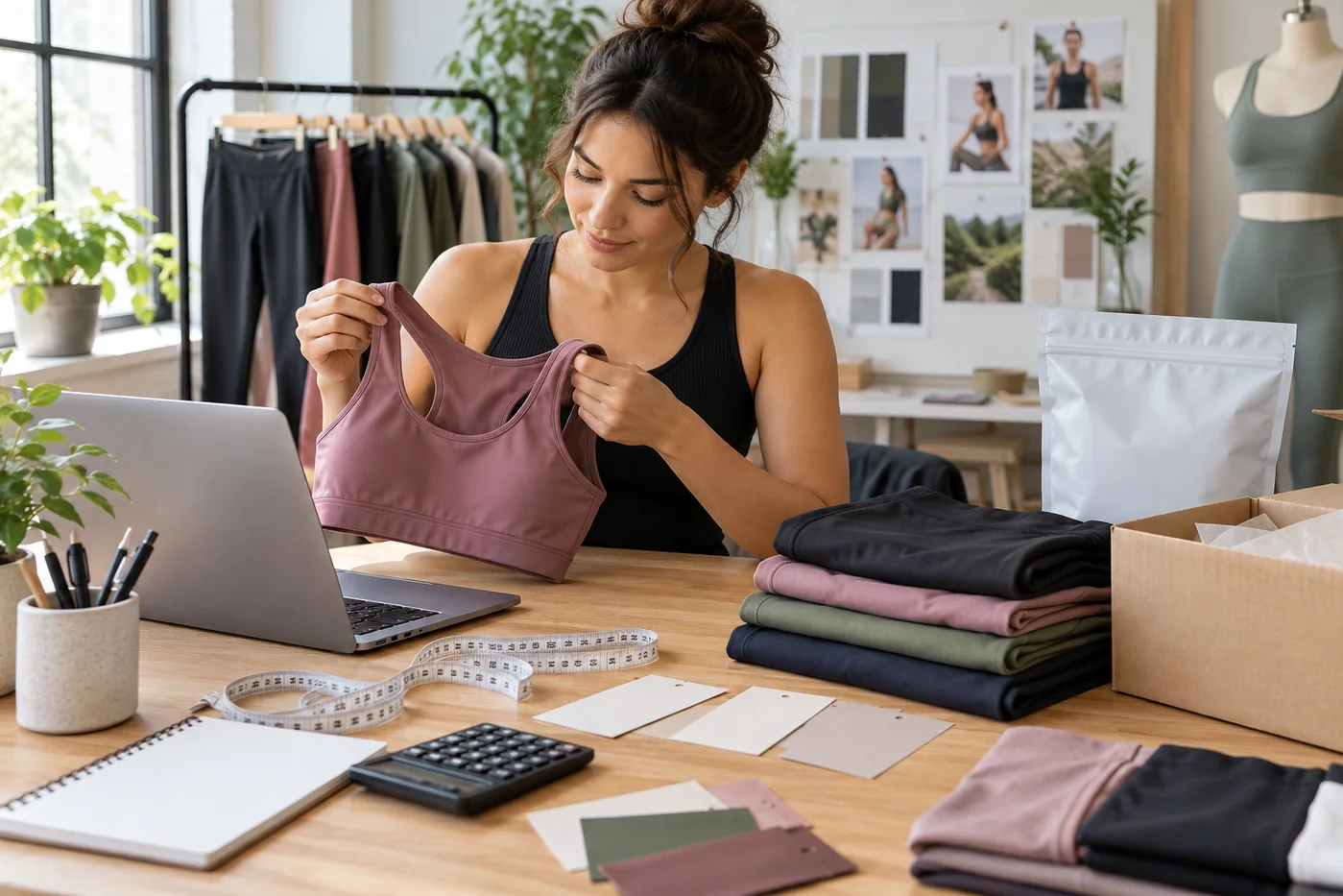 New activewear brand founder reviewing a sports bra sample, first-order assortment, calculator and packaging