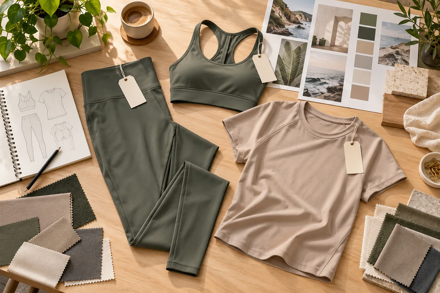 First activewear brand capsule with leggings, sports bra, training top, fabric swatches and blank hangtags