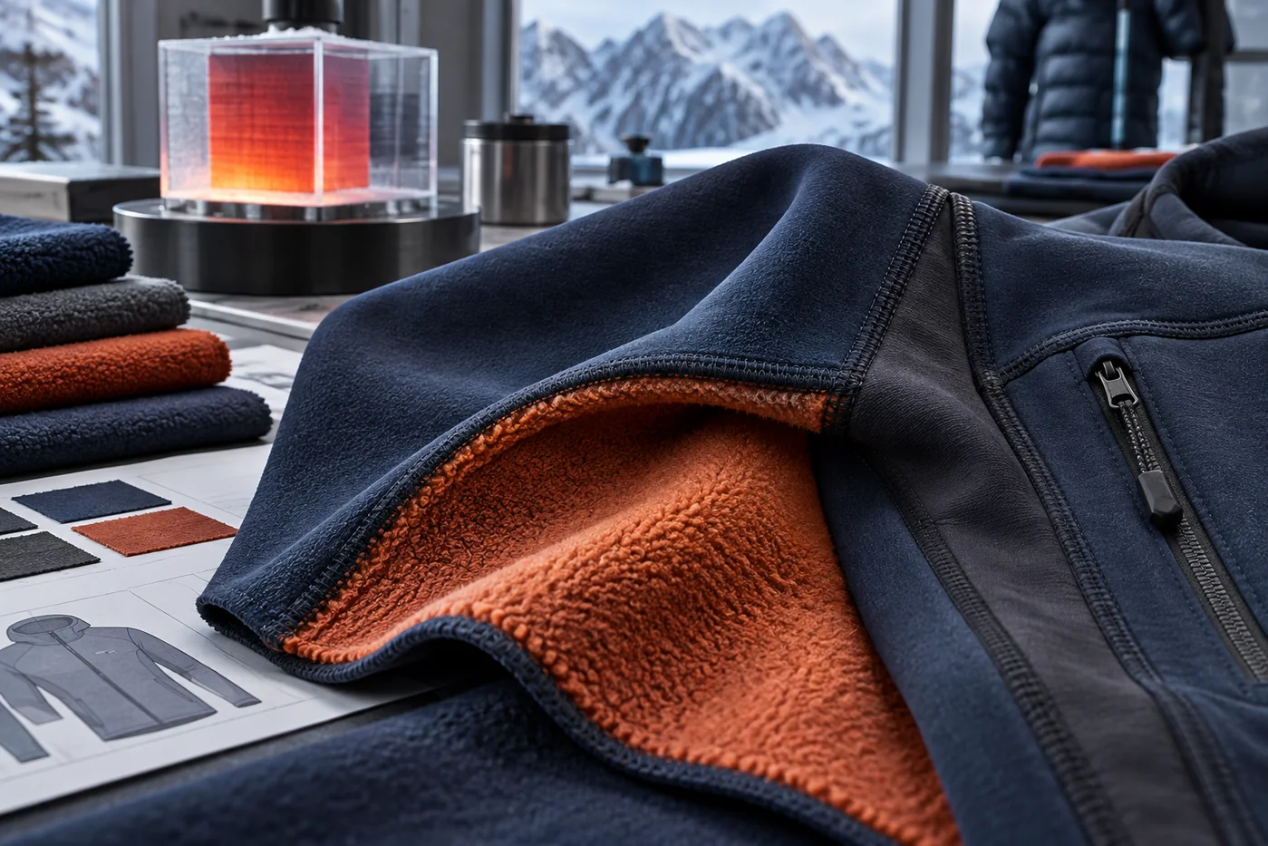 Navy stretch fleece opened to show a rust brushed back beside a winter running garment panel