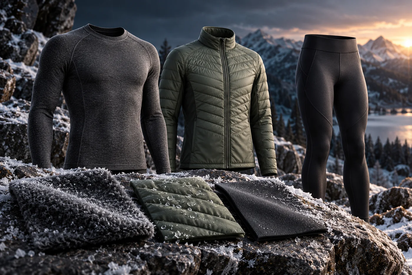 Thermal base layer, lightweight insulating jacket and winter training tights in a cold-weather setting