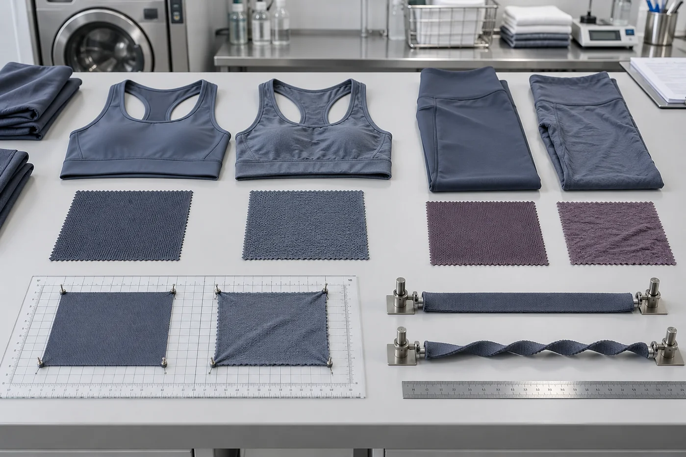 Activewear garments and fabric specimens compared before and after controlled shrinkage and spirality testing