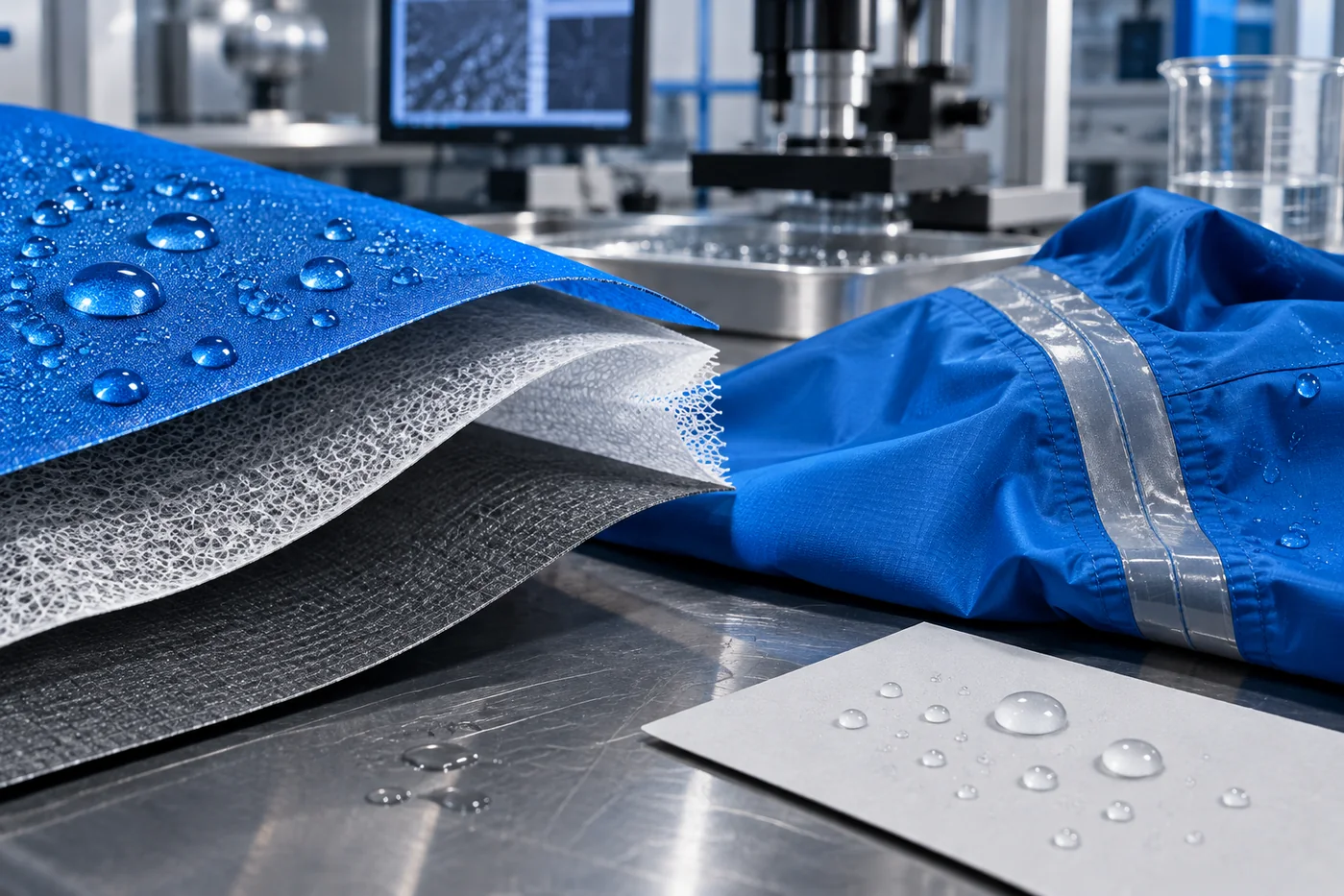 Blue waterproof-breathable laminate cross-section with beaded water and a taped running-jacket seam