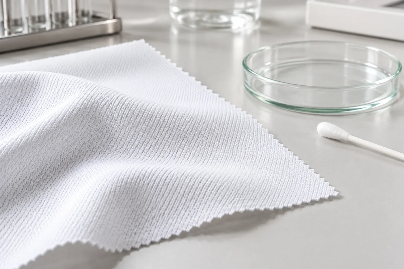 White antibacterial performance knit sample beside a petri dish and sterile swab in a textile laboratory