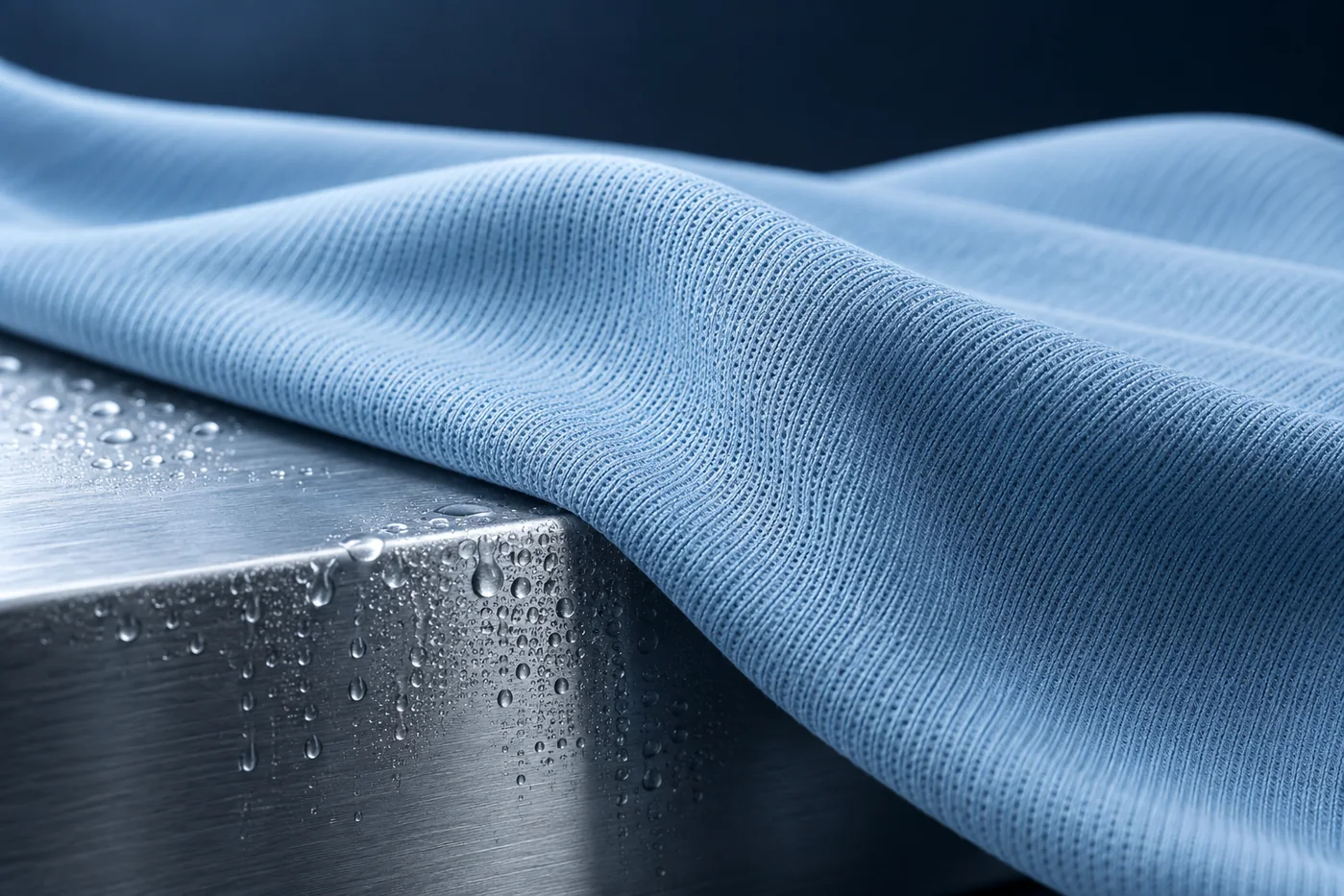 Ice-blue cooling activewear knit resting on a cool brushed-metal test surface with condensation