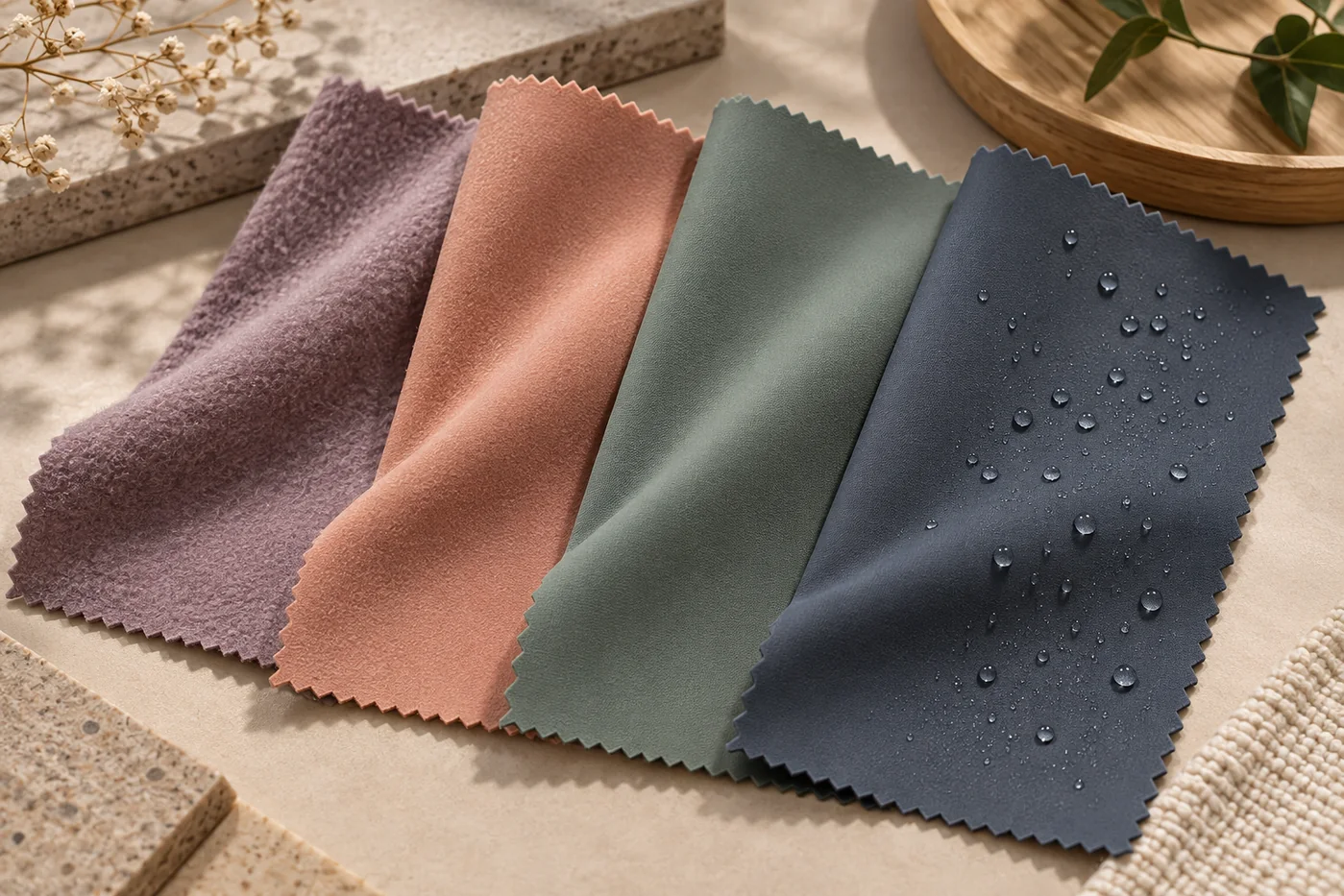 Four unique activewear fabric swatches showing brushed, peach, smooth matte and water-repellent finishes