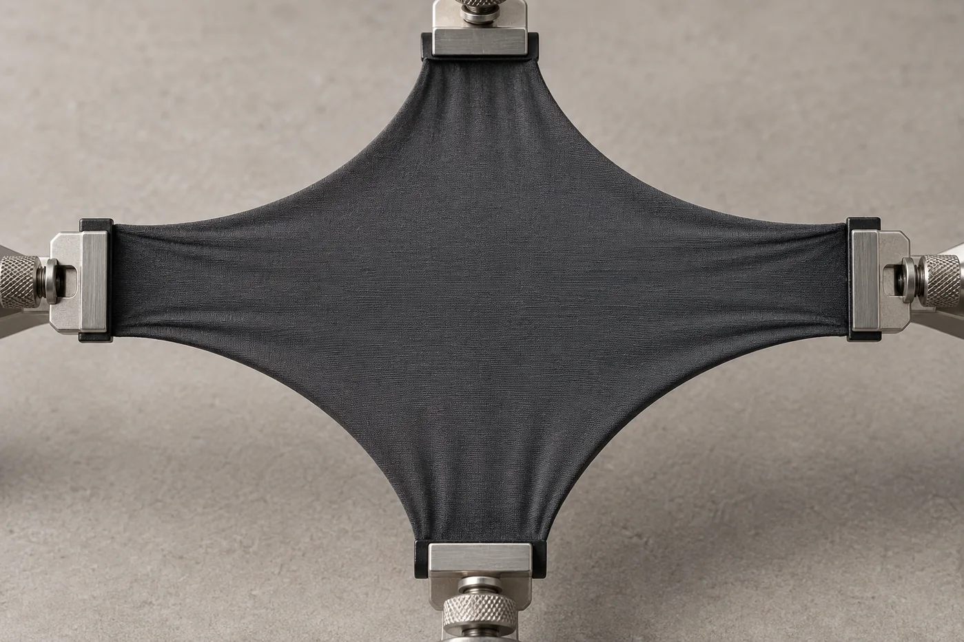 Charcoal four-way stretch activewear fabric held under balanced horizontal and vertical tension