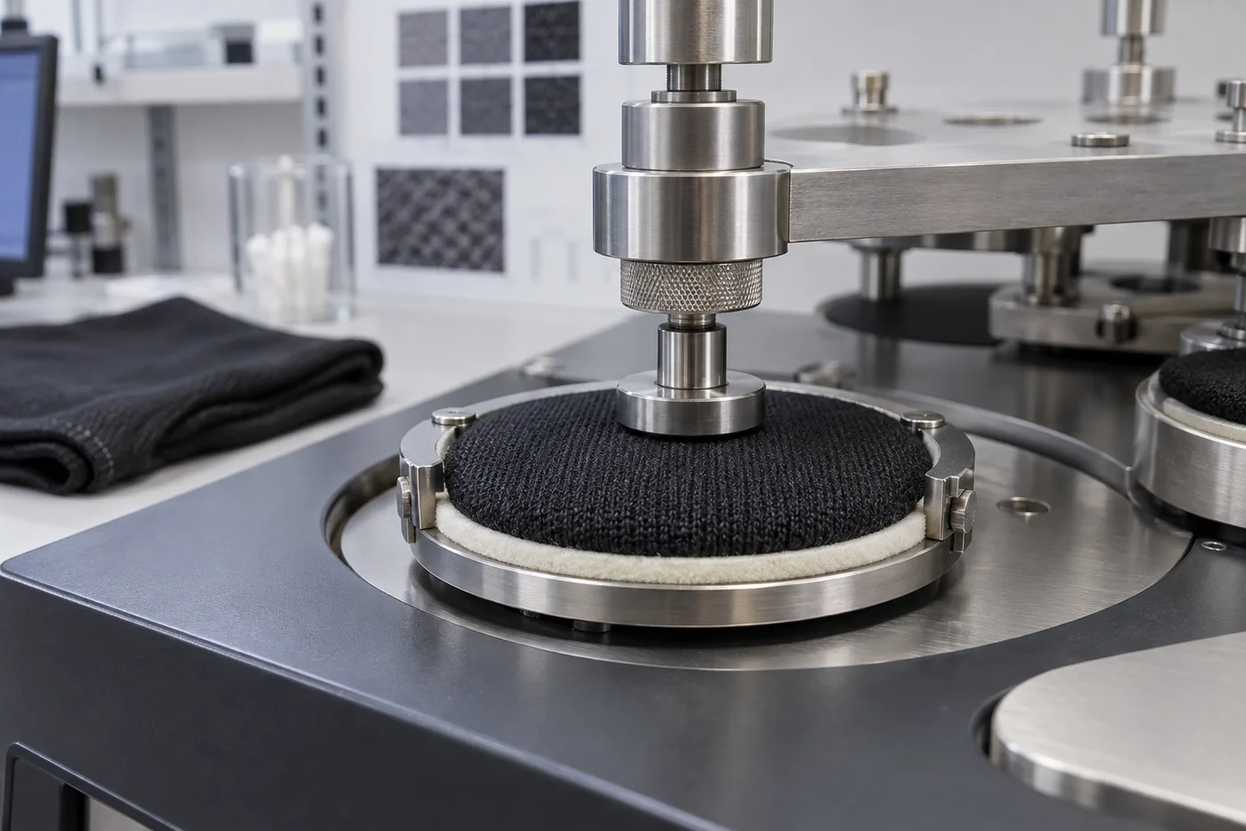 Dark activewear knit specimen undergoing circular pilling and abrasion testing in a textile laboratory