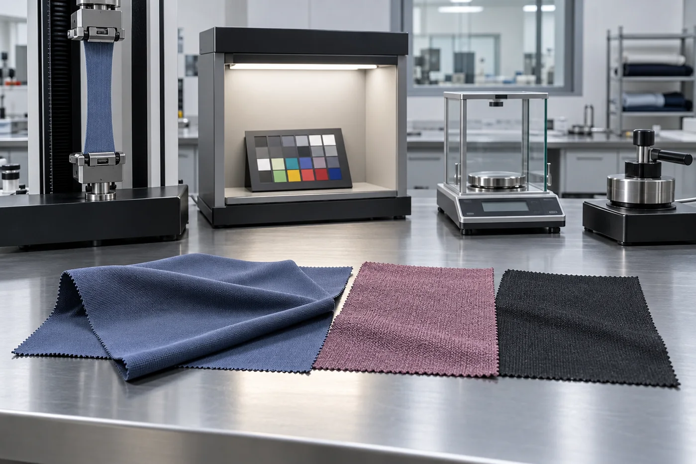 Activewear fabric specimens beside stretch, color and weight testing instruments before bulk production