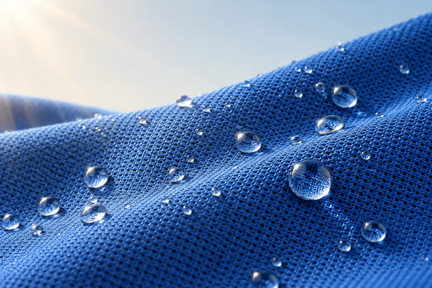 Cobalt blue breathable performance knit with water-repellent droplets under controlled sunlight