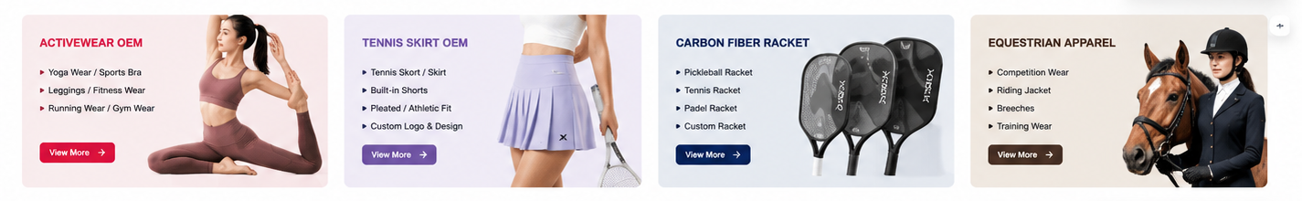 Activewear OEM, carbon fiber racket and equestrian apparel product categories